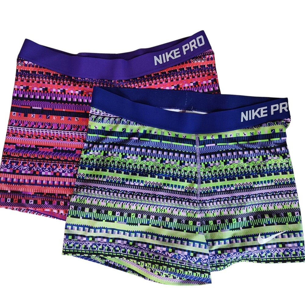 Nike Pro Women's Athletic Shorts - Purple and Green Pattern